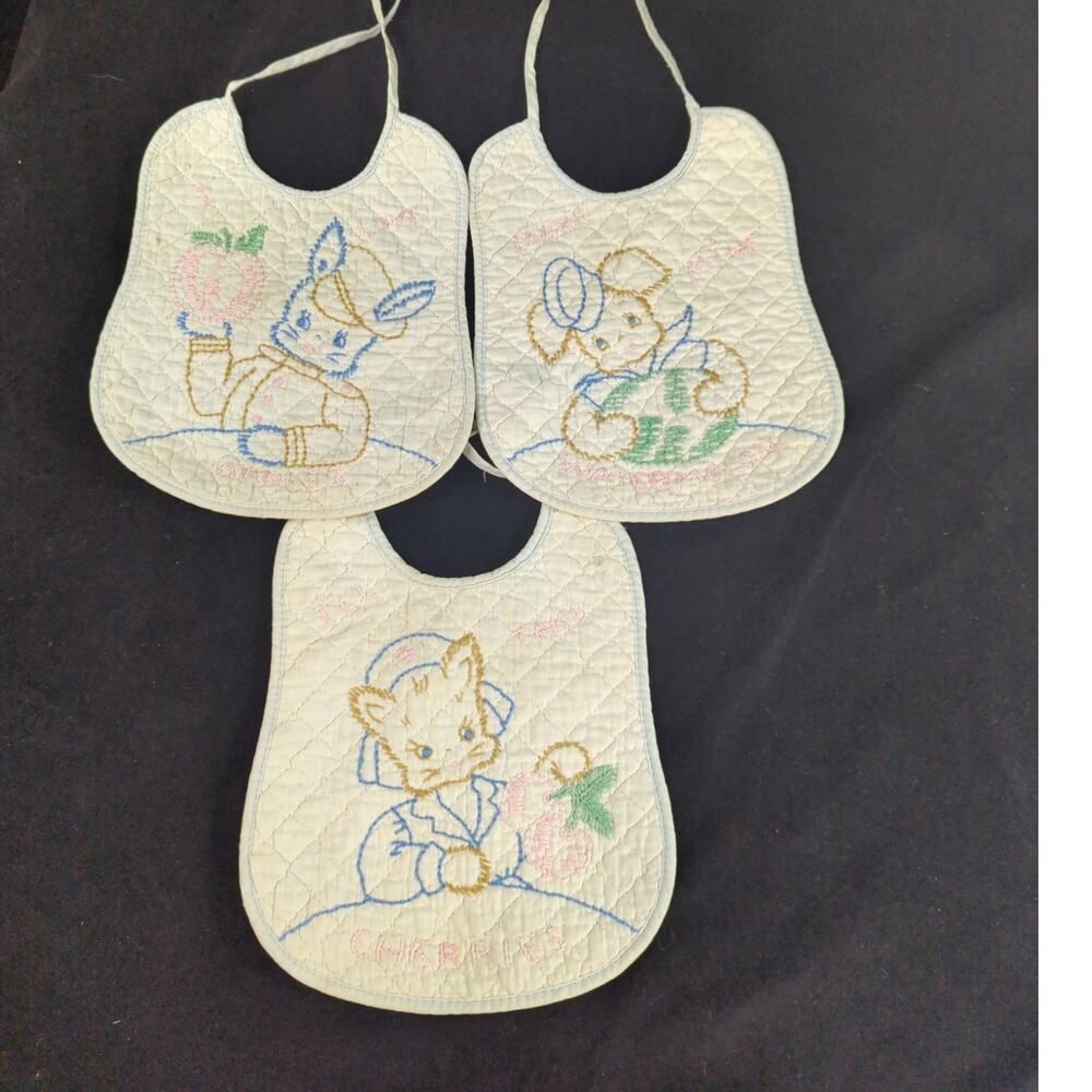 3 MCM Vintage Hand Made Embroidered Baby Bibs Anthropomorphic Animals & Fruits